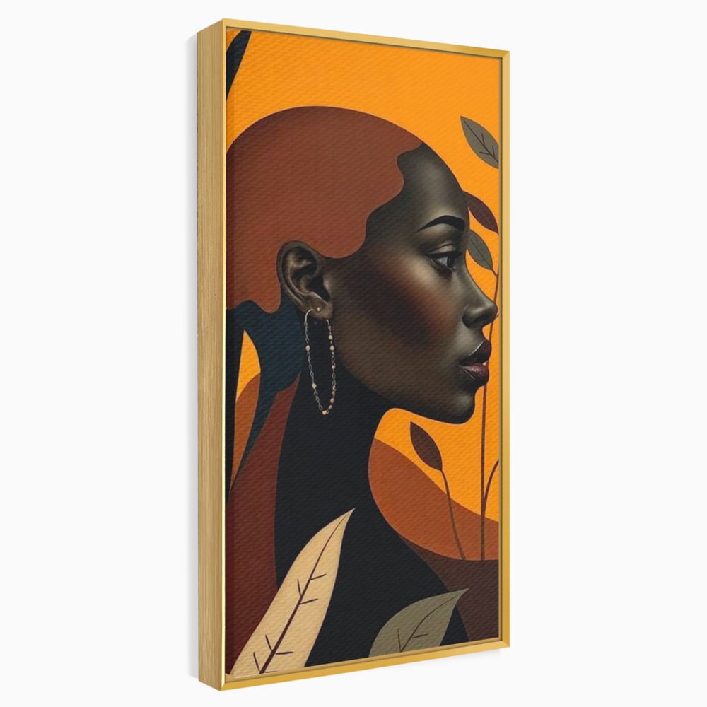 Tablou canvas cu ilustratie digitala cu profil de femeie, in rama de aluminiu auriu
